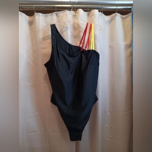 Black One-Shoulder Swimsuit with Red and Yellow Straps